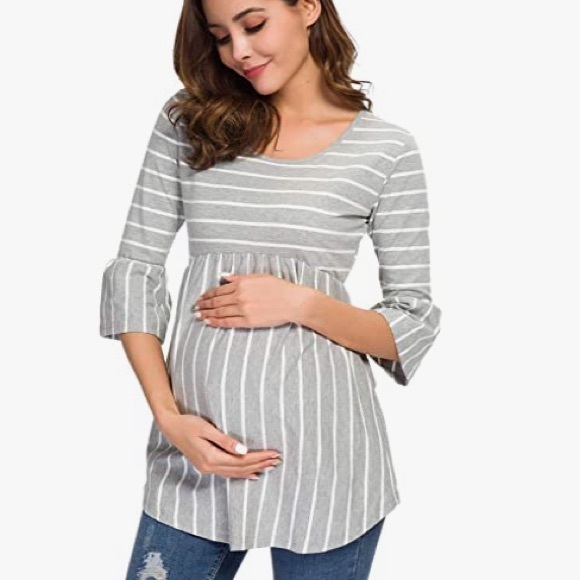 Bell-sleeved Gray Striped Maternity Top Size Small - Picture 3 of 7